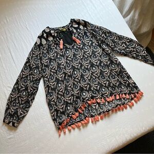 Roller Rabbit black sheer floral tassel trim long sleeve‎ blouse